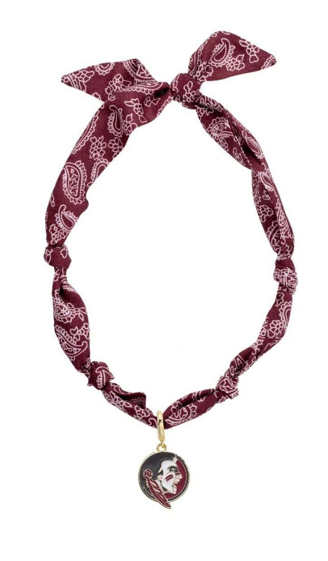 FSU bandana scarf necklace in garnet and gold with gold logo charm
