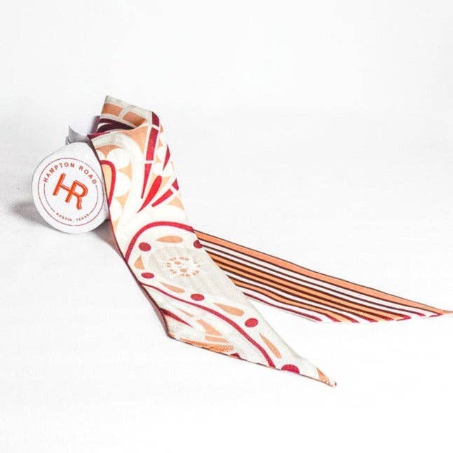 Double-sided silk twilly scarf with crimson paisley and coordinating reverse prints from [Hampton Road]