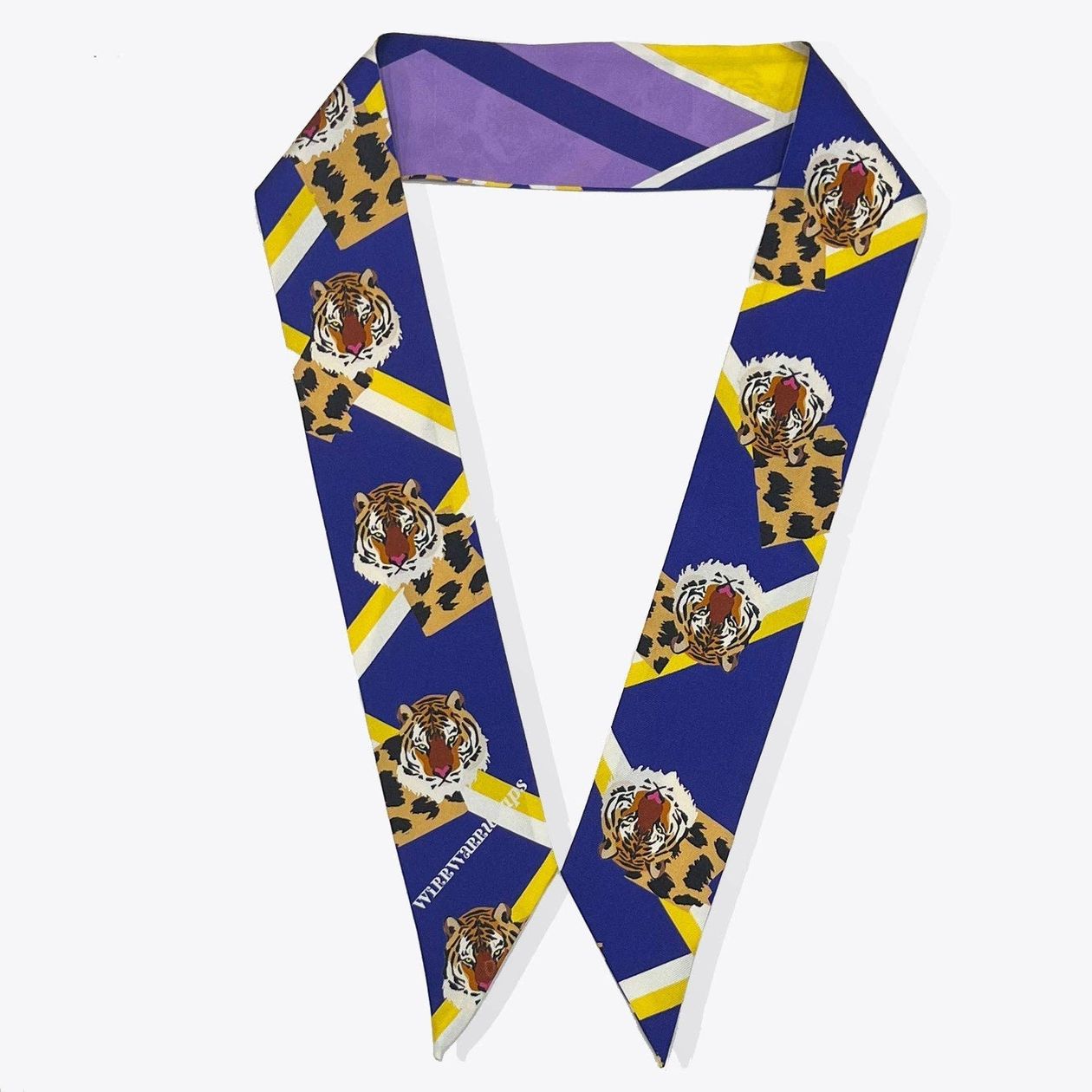 Double-sided silk twilly scarves with yellow tiger floral and chain prints from [Hampton Road]