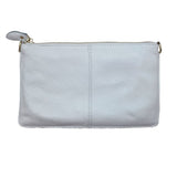 White leather purse with gold chain strap and hardware, styled for gameday or events
