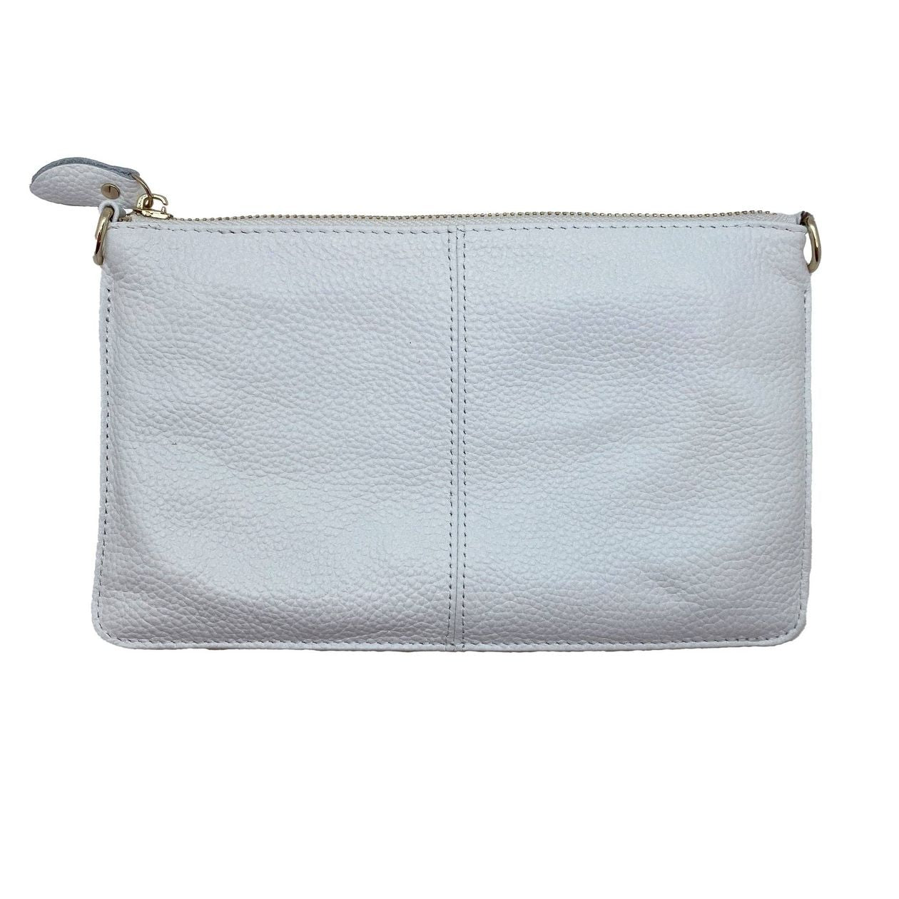 White leather purse with gold chain strap and hardware, styled for gameday or events