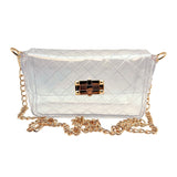 Clear quilted plastic stadium bag with gold clasp and chain, styled for gameday events