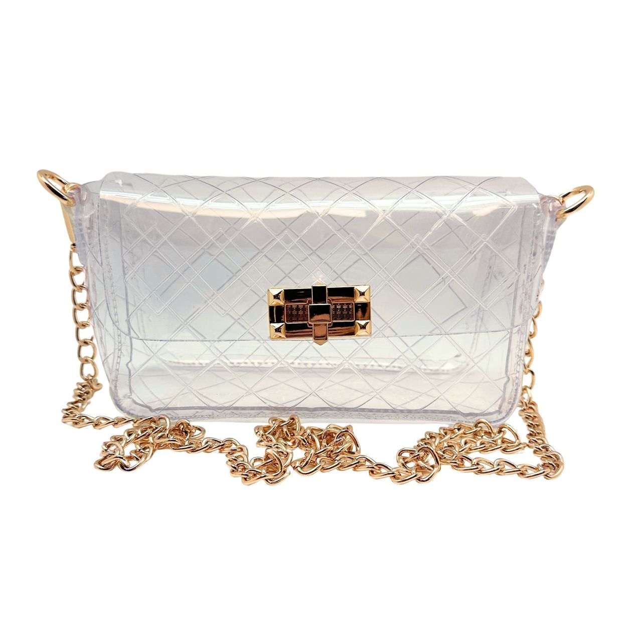 Clear quilted plastic stadium bag with gold clasp and chain, styled for gameday events