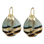 Brown striped feather tassel earrings displayed on a neutral background, highlighting texture and natural tones