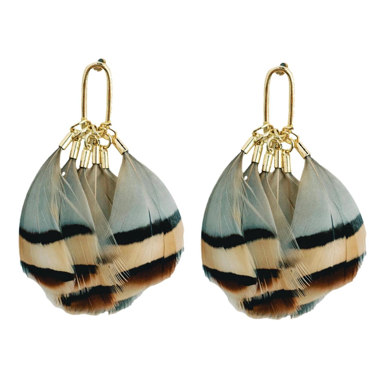 Brown striped feather tassel earrings displayed on a neutral background, highlighting texture and natural tones