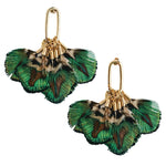 Mallard-colored feather tassel statement earrings with earthy greens and browns, displayed on a neutral background