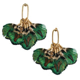 Mallard-colored feather tassel statement earrings with earthy greens and browns, displayed on a neutral background