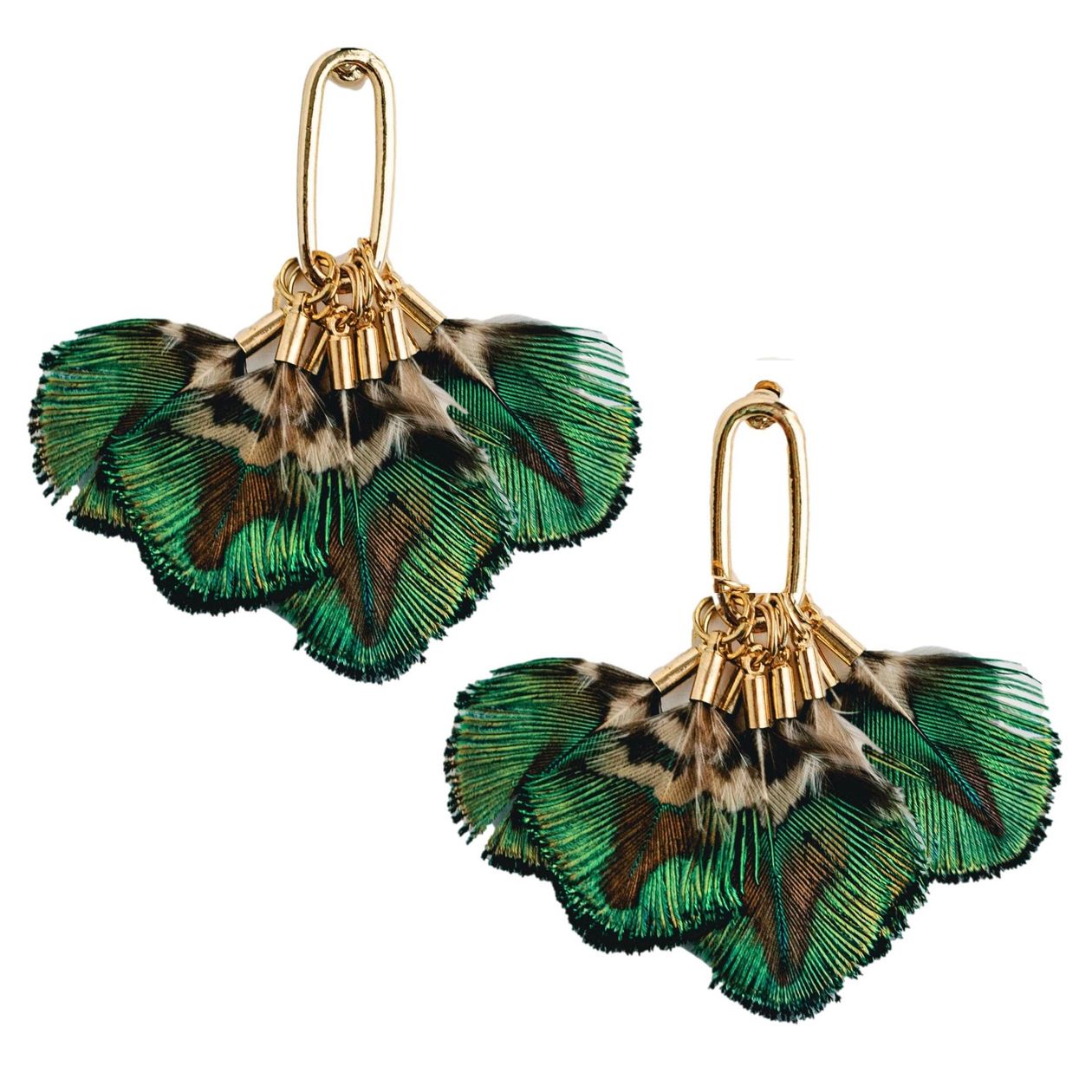 Mallard-colored feather tassel statement earrings with earthy greens and browns, displayed on a neutral background