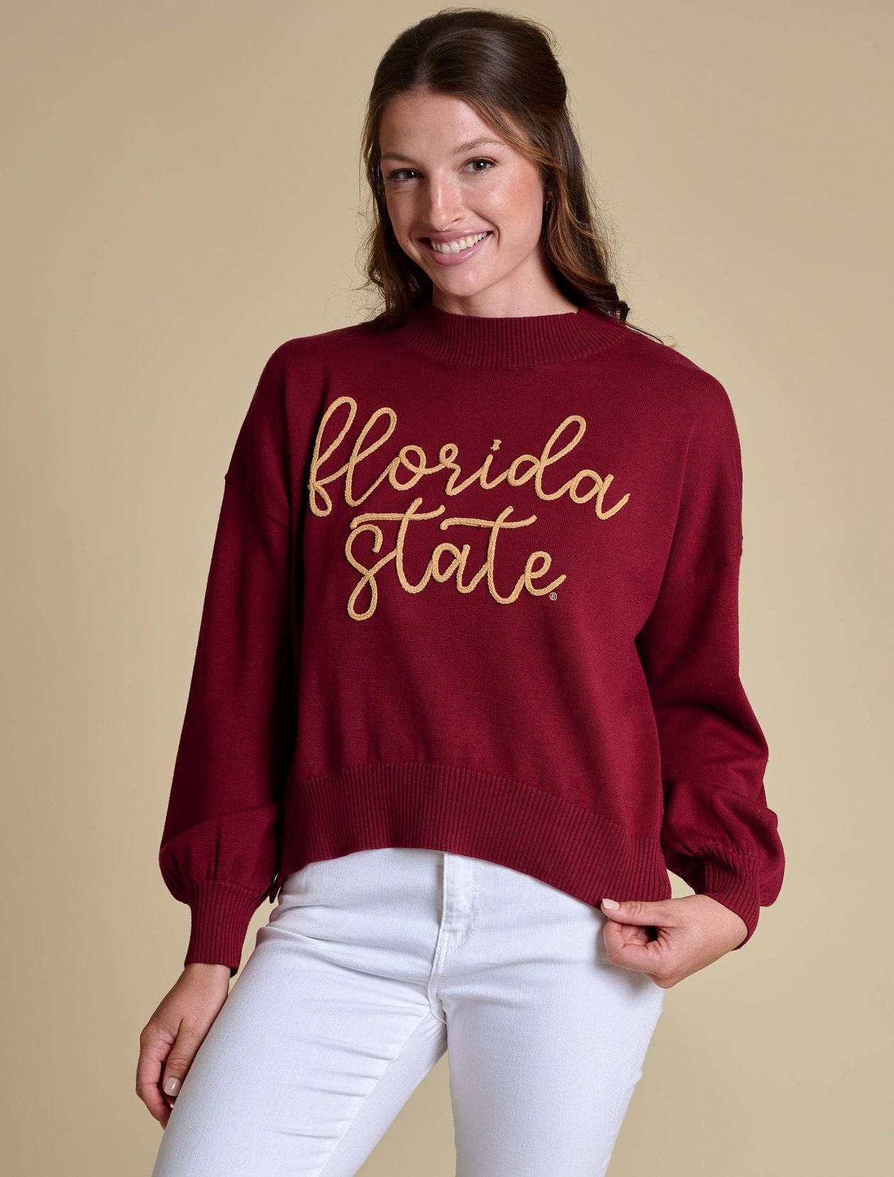 Garnet mock-neck sweater with “Florida State” embroidered in gold rope script across the front