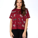 Garnet cap-sleeve crewneck top with sequined FSU logos and phrases on front and back