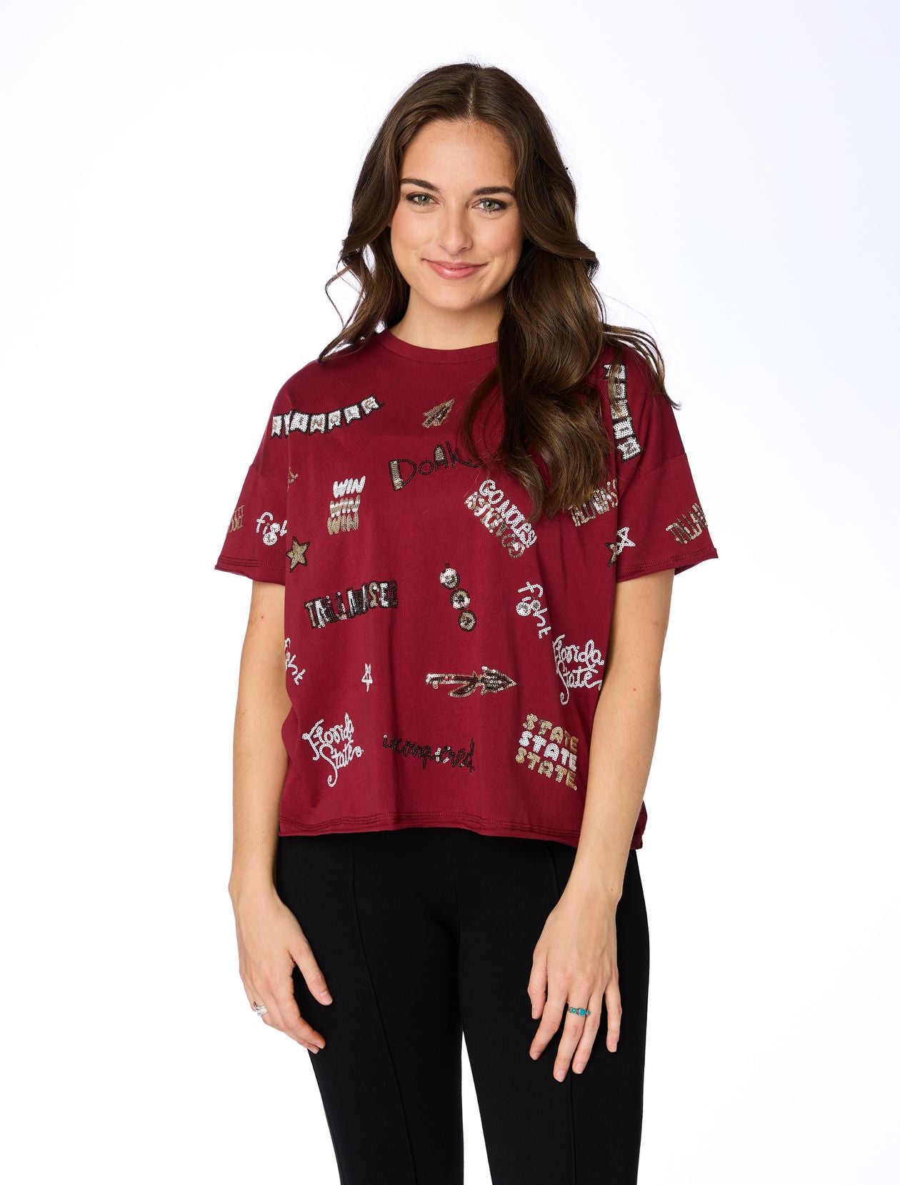 Garnet cap-sleeve crewneck top with sequined FSU logos and phrases on front and back