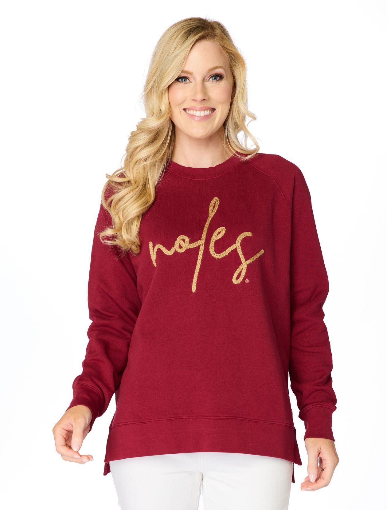 Garnet crewneck sweatshirt with gold braided rope embroidery spelling “Noles” on the front