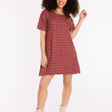 A-line dress with FSU-inspired all-over print featuring “FSU,” “Go Noles,” Florida outline, and spear imagery