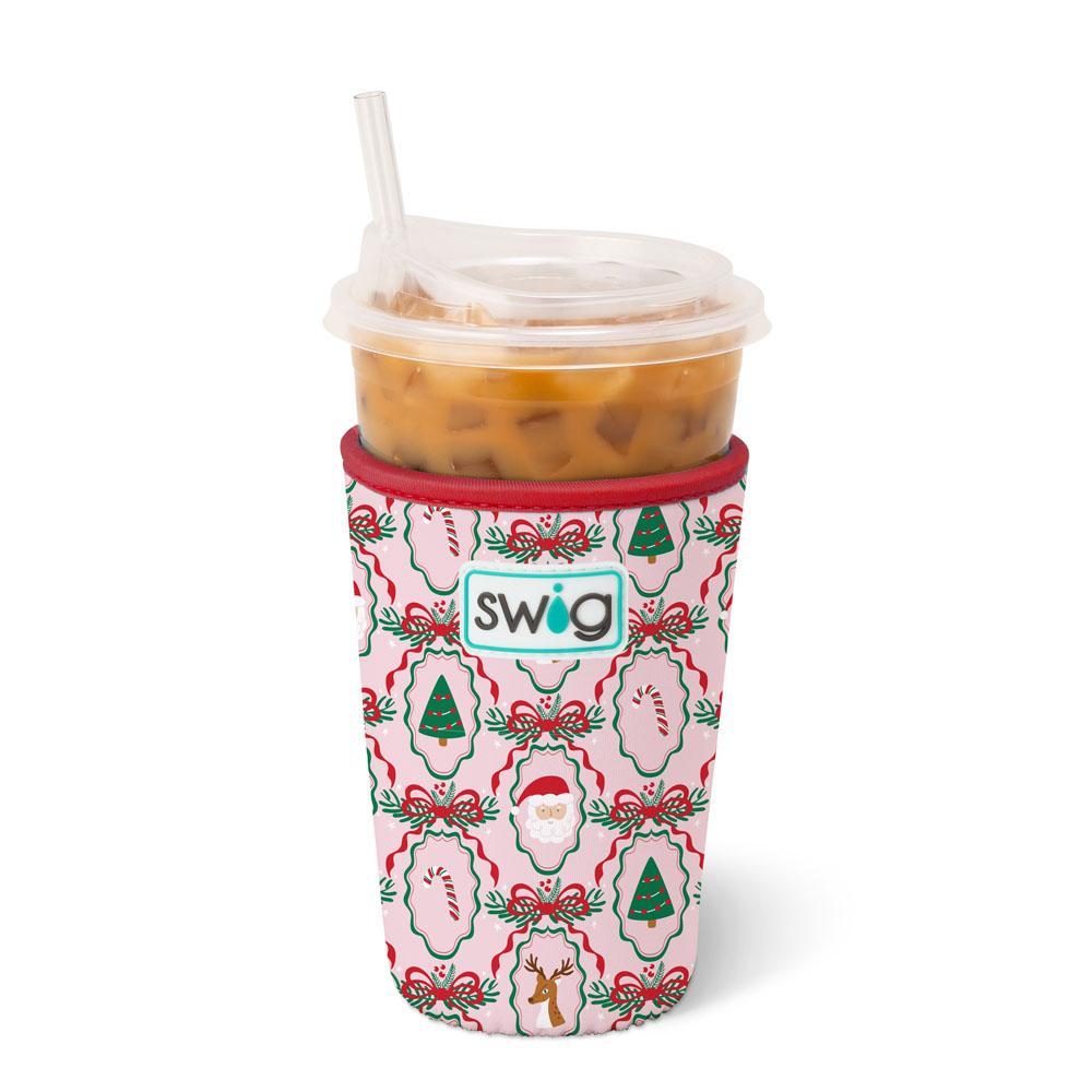 Pink neoprene iced cup Coolie with Christmas cameos and ribbon designs.