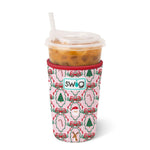 Pink neoprene iced cup Coolie with Christmas cameos and ribbon designs.