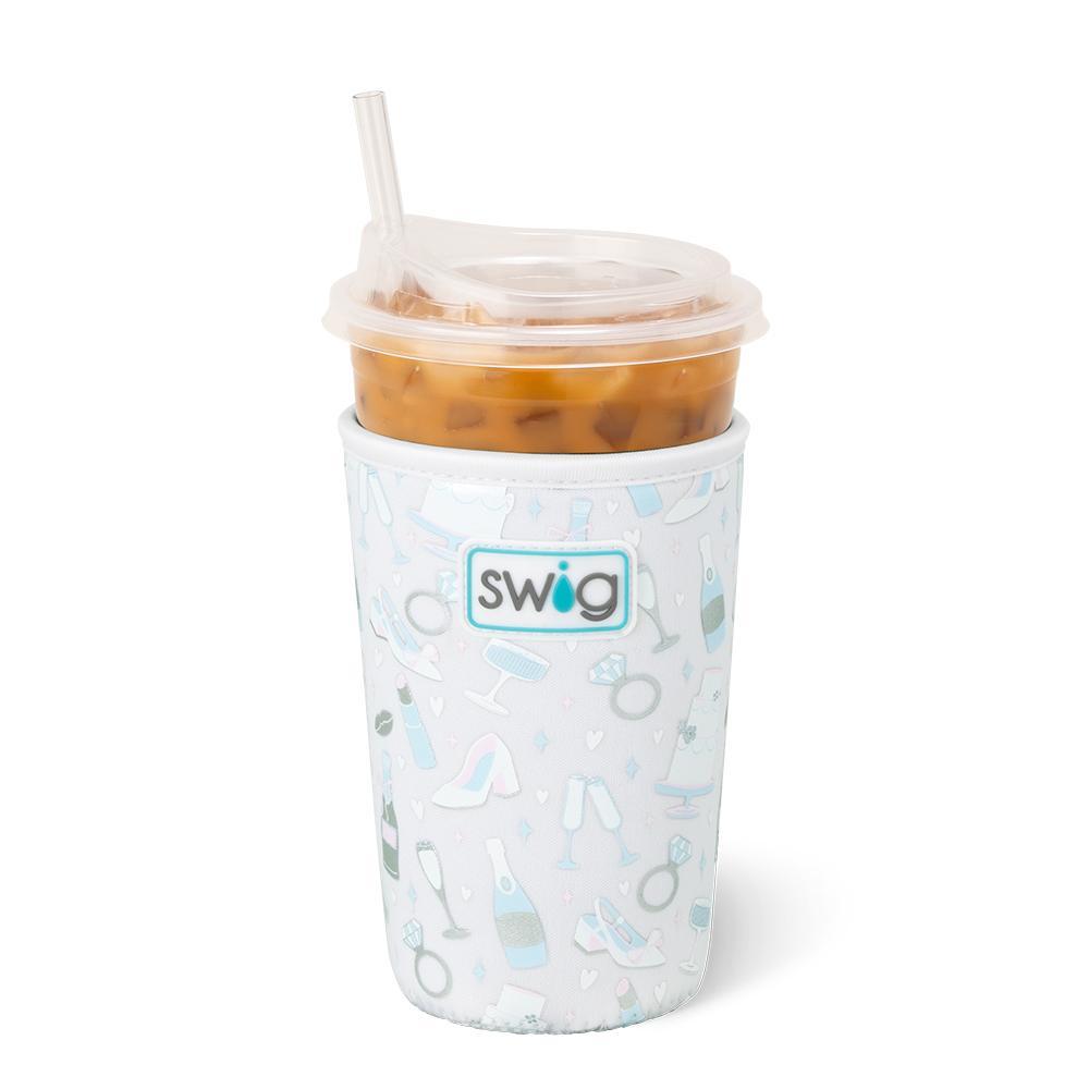 Medium iced drink Coolie with “Bride to Be” design in metallic white and blue.