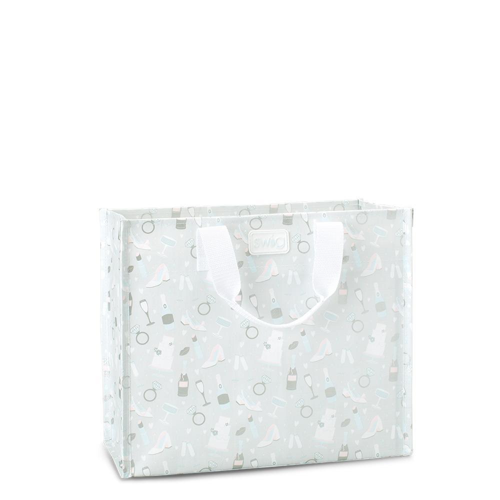 Medium reusable tote bag with “Bride to Be” metallic white and blue design.