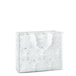 Medium reusable tote bag with “Bride to Be” metallic white and blue design.