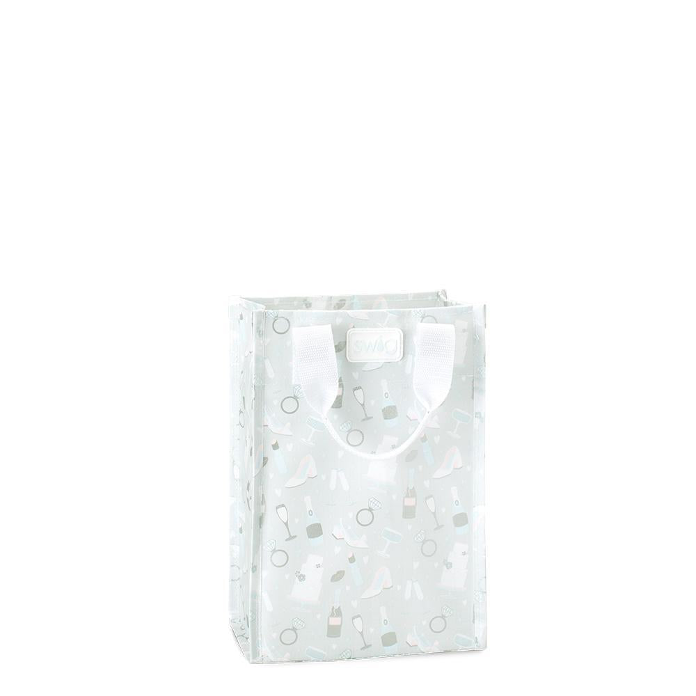 Tall reusable tote bag with “Bride to Be” metallic white and blue design.