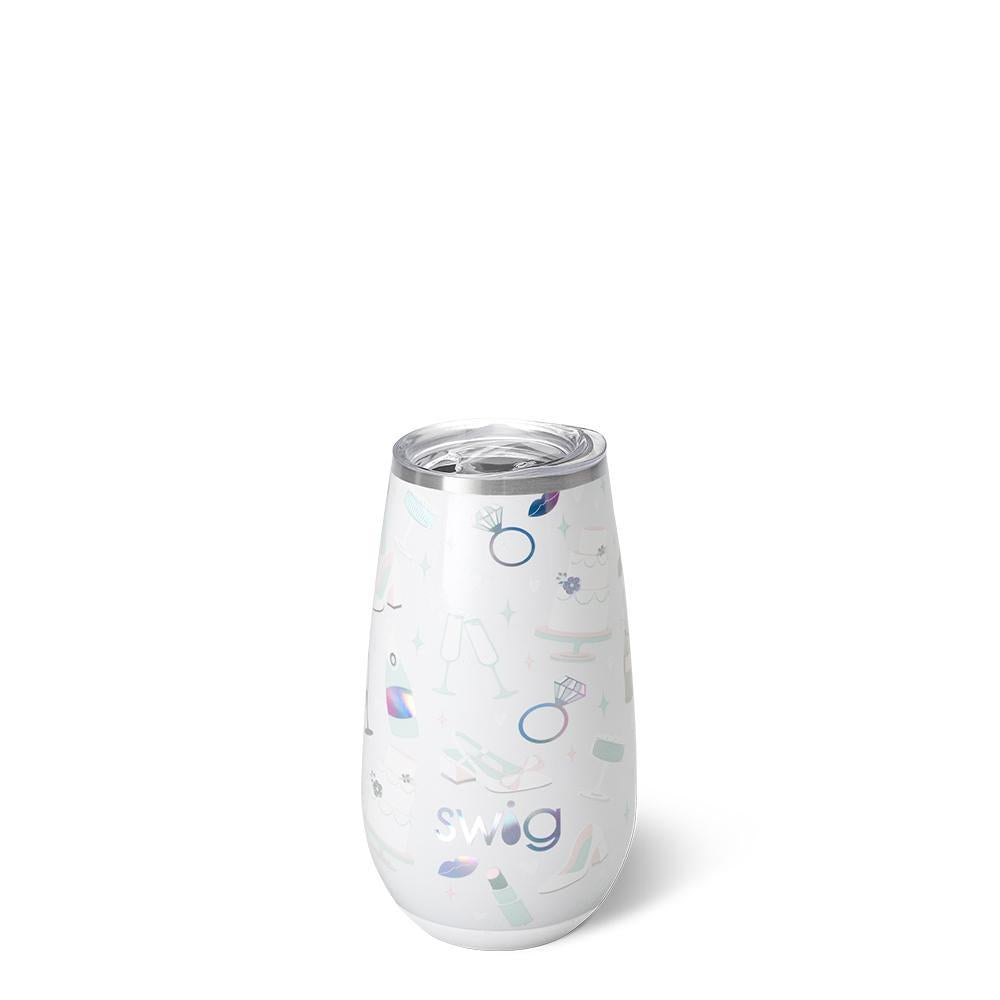 Stemless insulated champagne flute with “Bride to Be” metallic white and blue design.