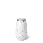 Stemless insulated champagne flute with “Bride to Be” metallic white and blue design.