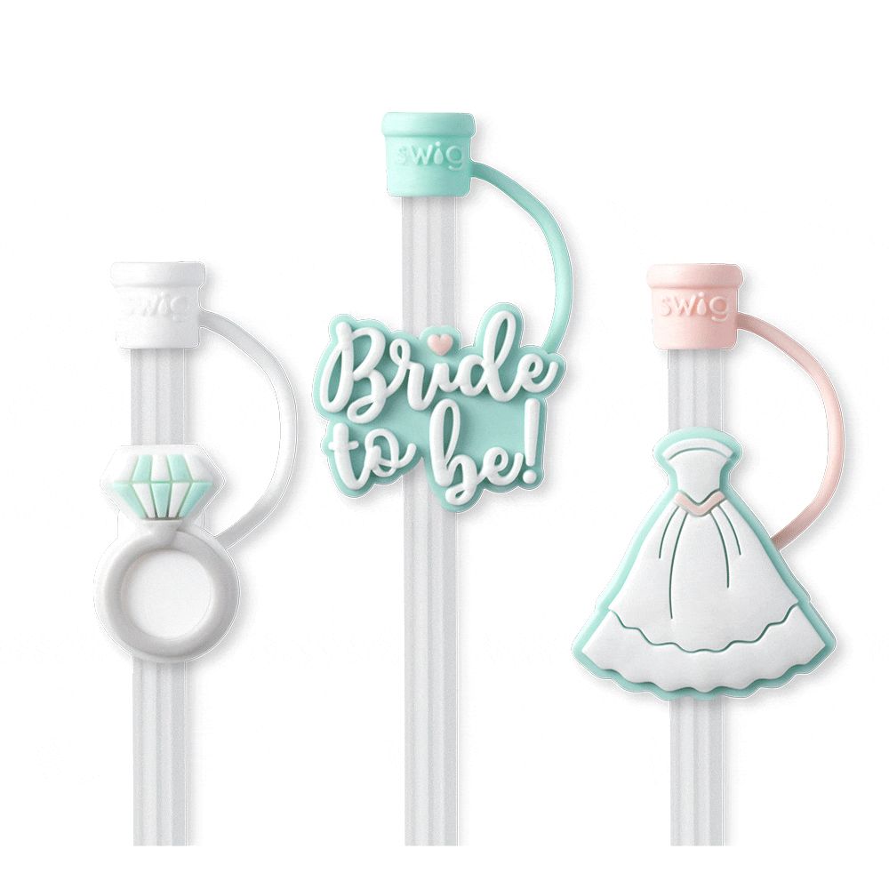 Straw Topper Set with “Bride to Be” themed silicone charms and reusable straws.