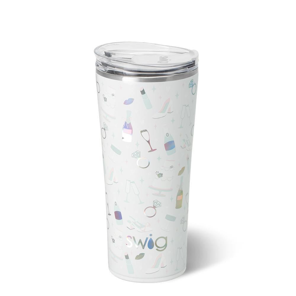 32oz insulated tumbler with “Bride to Be” metallic white and blue design.