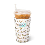 Medium iced drink Coolie with ivory background and gold metallic bow design.