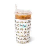 Medium iced drink Coolie with ivory background and gold metallic bow design.