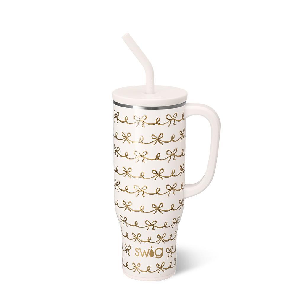 30oz insulated Mega Mug with ivory background and gold metallic bow design.
