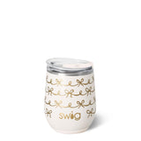 12oz insulated stemless wine cup with ivory background and gold metallic bow design.