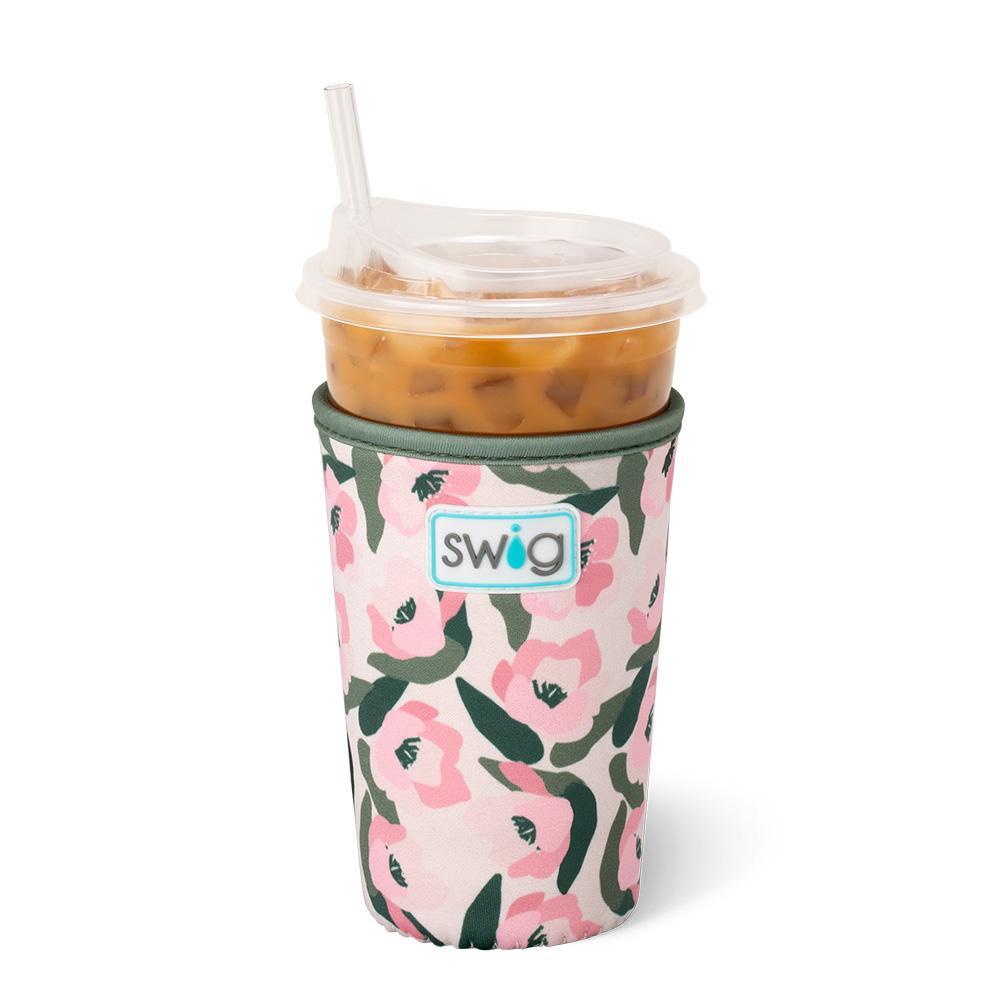 Medium iced cup Coolie in Sweet Pea abstract blush pink and olive floral design on ivory background.