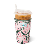Medium iced cup Coolie in Sweet Pea abstract blush pink and olive floral design on ivory background.