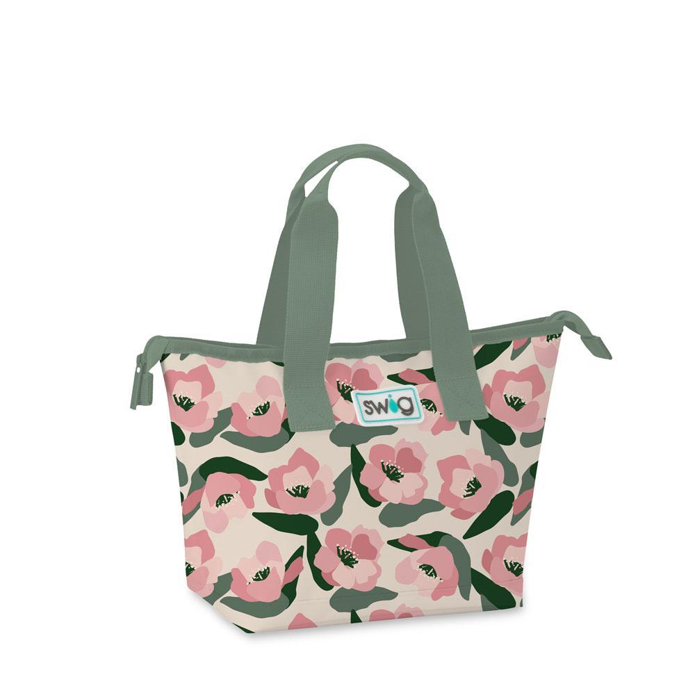 Insulated lunch bag with Sweet Pea abstract blush pink and olive floral design on ivory background.