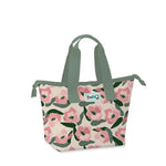 Insulated lunch bag with Sweet Pea abstract blush pink and olive floral design on ivory background.