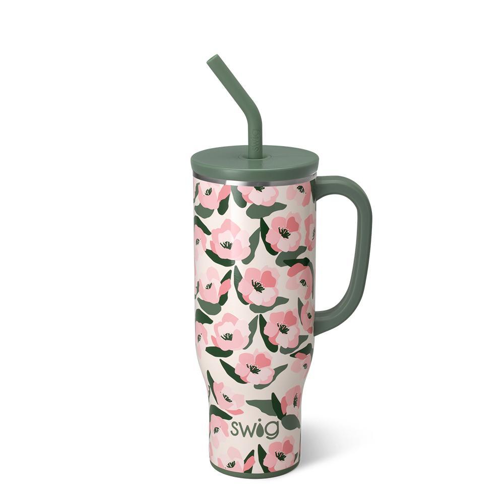 30oz insulated Mega Mug with Sweet Pea abstract blush pink and olive floral design on ivory background.