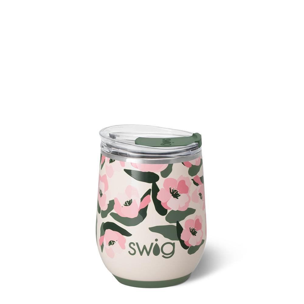 12oz insulated stemless wine cup with Sweet Pea abstract blush pink and olive floral design on ivory background.