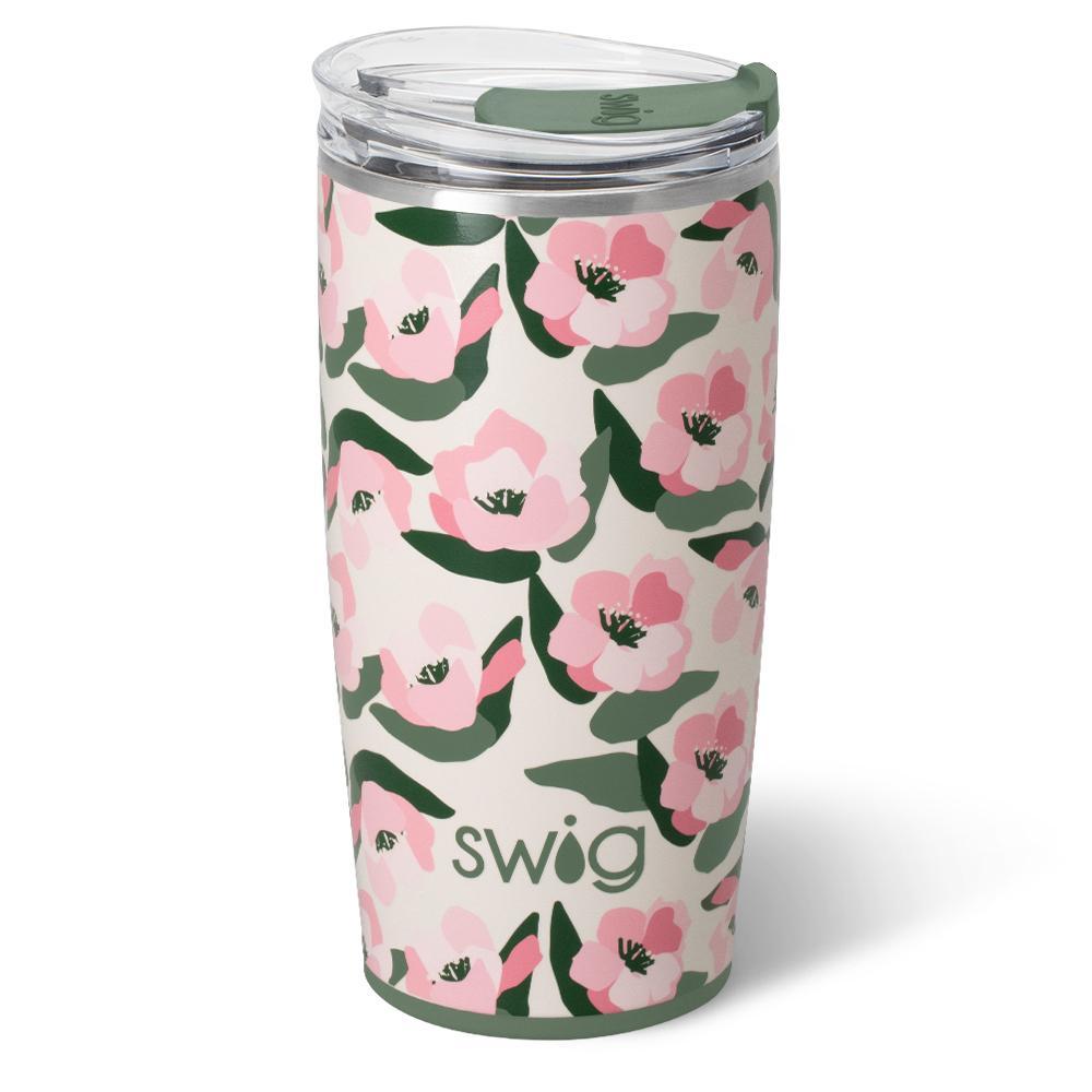 22oz insulated tumbler with Sweet Pea abstract blush pink and olive floral design on ivory background.