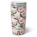 22oz insulated tumbler with Sweet Pea abstract blush pink and olive floral design on ivory background.