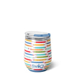 12oz insulated stemless wine cup with colorful pencil design and words of appreciation for teachers.