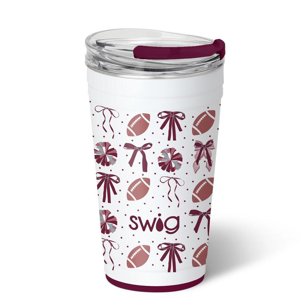 Maroon 24oz insulated SWIG party cup with footballs perfect for FSU game day.