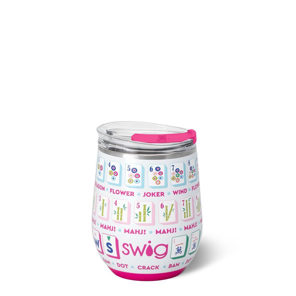 12oz insulated stemless wine cup with colorful mahjong tile design on glittery white background.