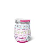 12oz insulated stemless wine cup with colorful mahjong tile design on glittery white background.