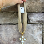 Gold scarf necklace with white crystal cross pendant handcrafted by Hart Designs.
