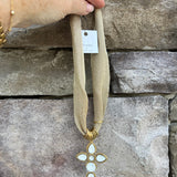 Gold scarf necklace with white crystal cross pendant handcrafted by Hart Designs.

