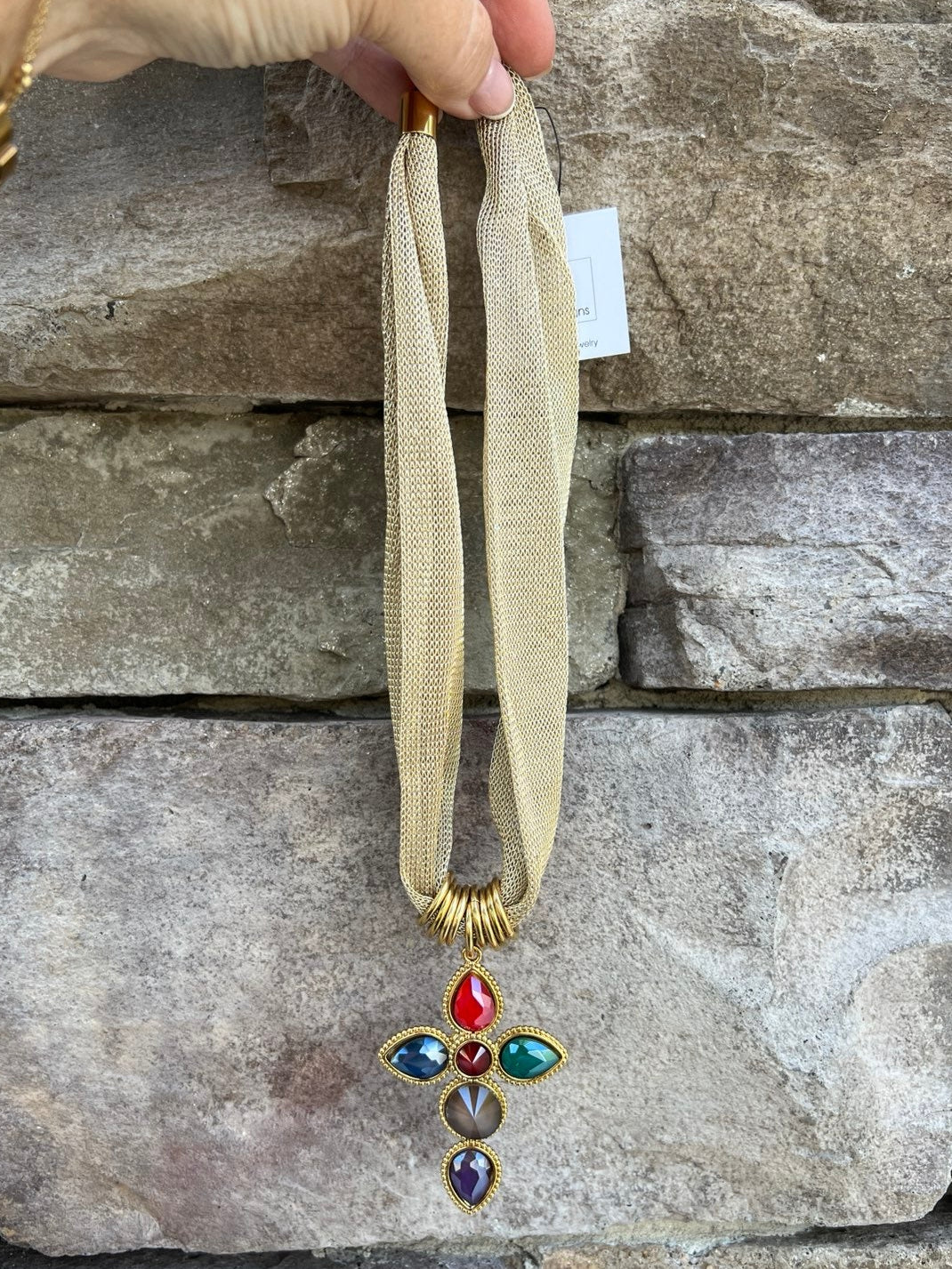 Gold scarf necklace with multi-color jeweled cross pendant handcrafted by Hart Designs.