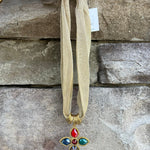 Gold scarf necklace with multi-color jeweled cross pendant handcrafted by Hart Designs.