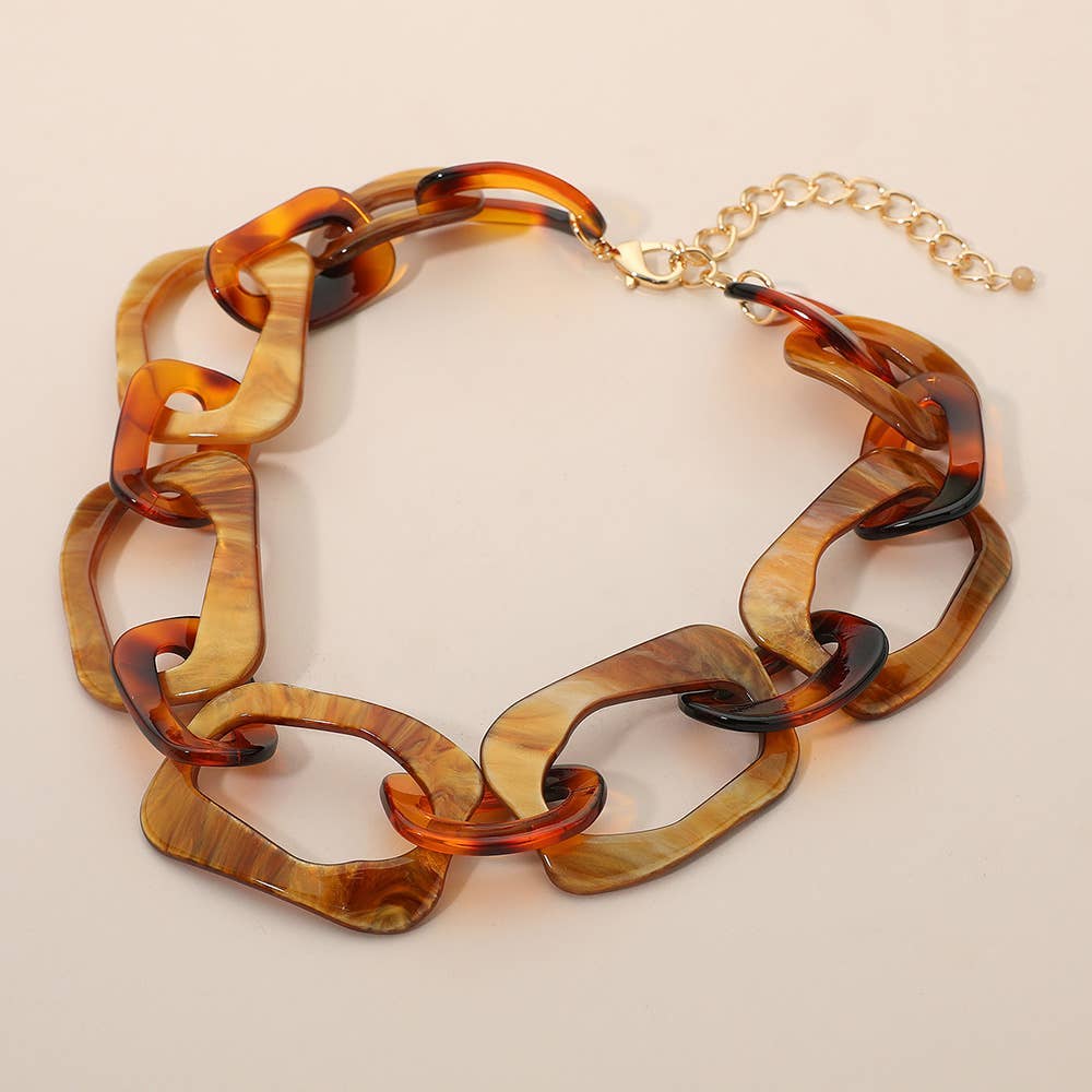 Chunky tortoise celluloid acetate link necklace with adjustable lobster clasp.