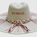 Ivory wide-brim fedora with garnet, gold, and white woven details and “Go Noles” embroidery.
