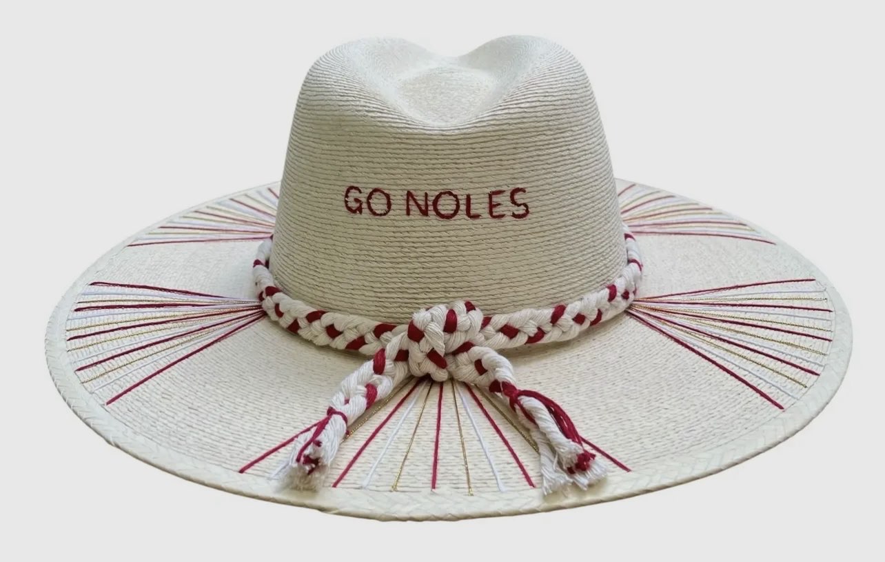 Ivory wide-brim fedora with garnet, gold, and white woven details and “Go Noles” embroidery.